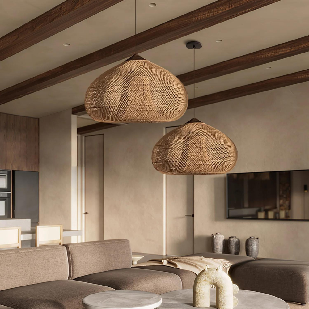 Woven Dome Rattan Pendant Light | Hardwired Ceiling Light for Dining Room