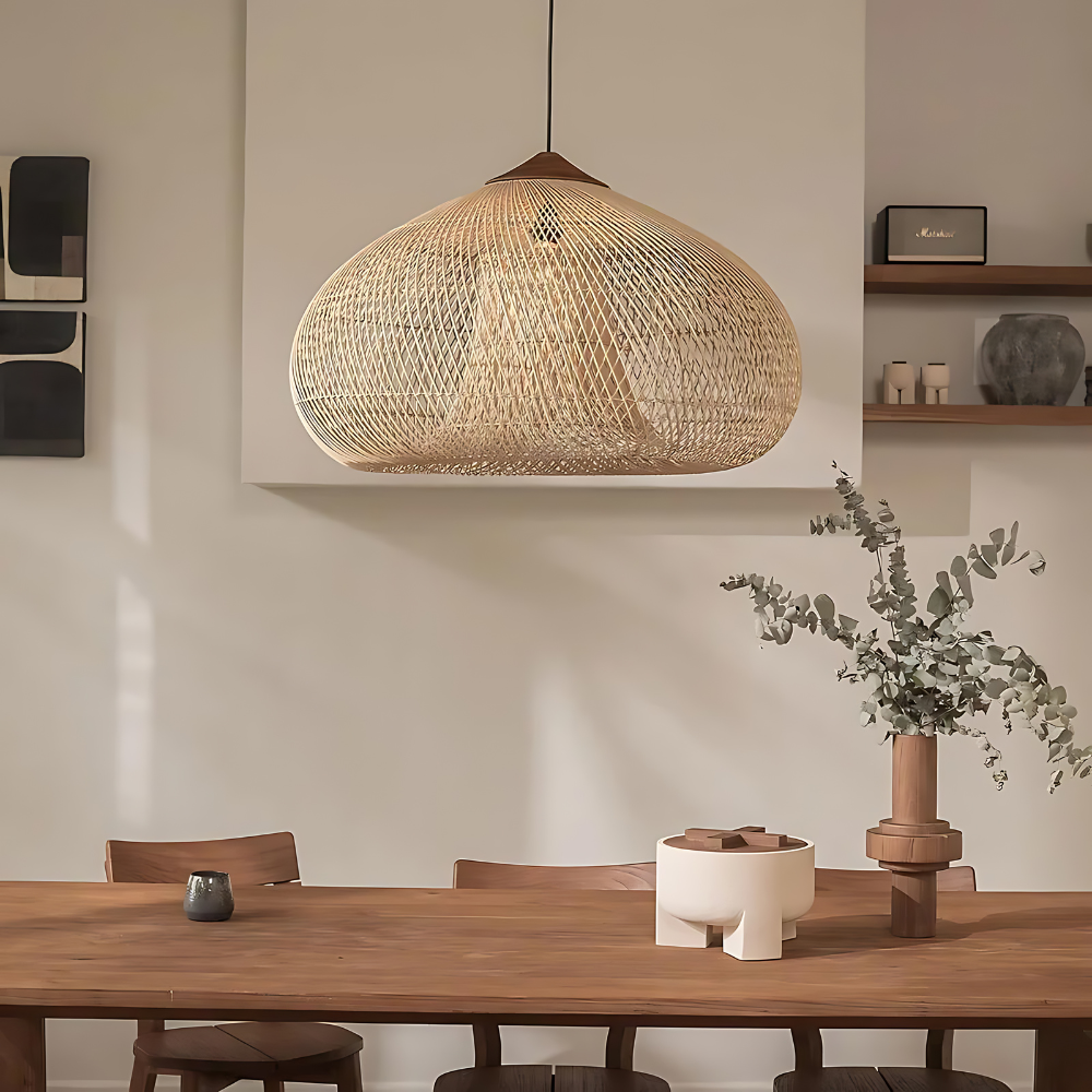 Woven Dome Rattan Pendant Light | Hardwired Ceiling Light for Dining Room