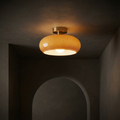 Vintage Amber Glass Flush Mount Ceiling Light with Brass Canopy | E27 Bulb Included for Living Room