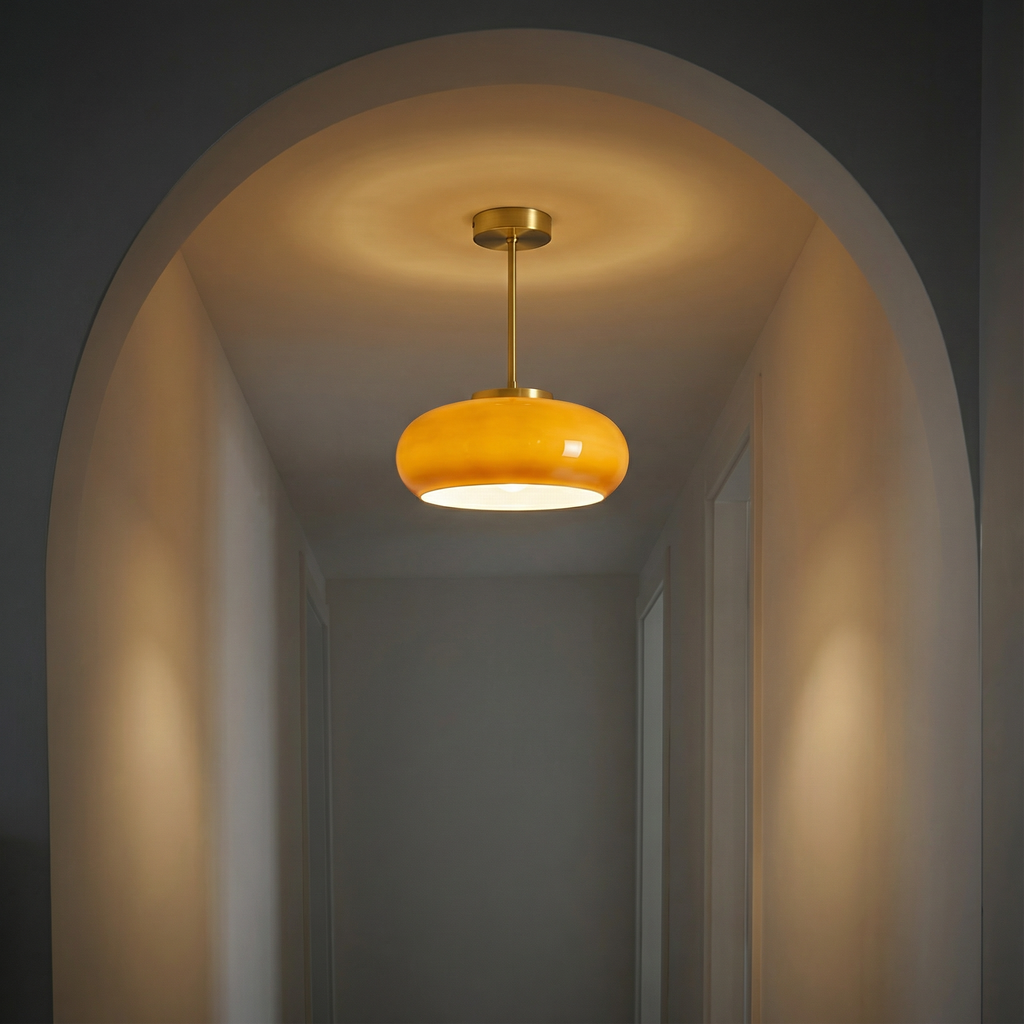 Vintage Amber Glass Flush Mount Ceiling Light with Brass Canopy | E27 Bulb Included for Living Room
