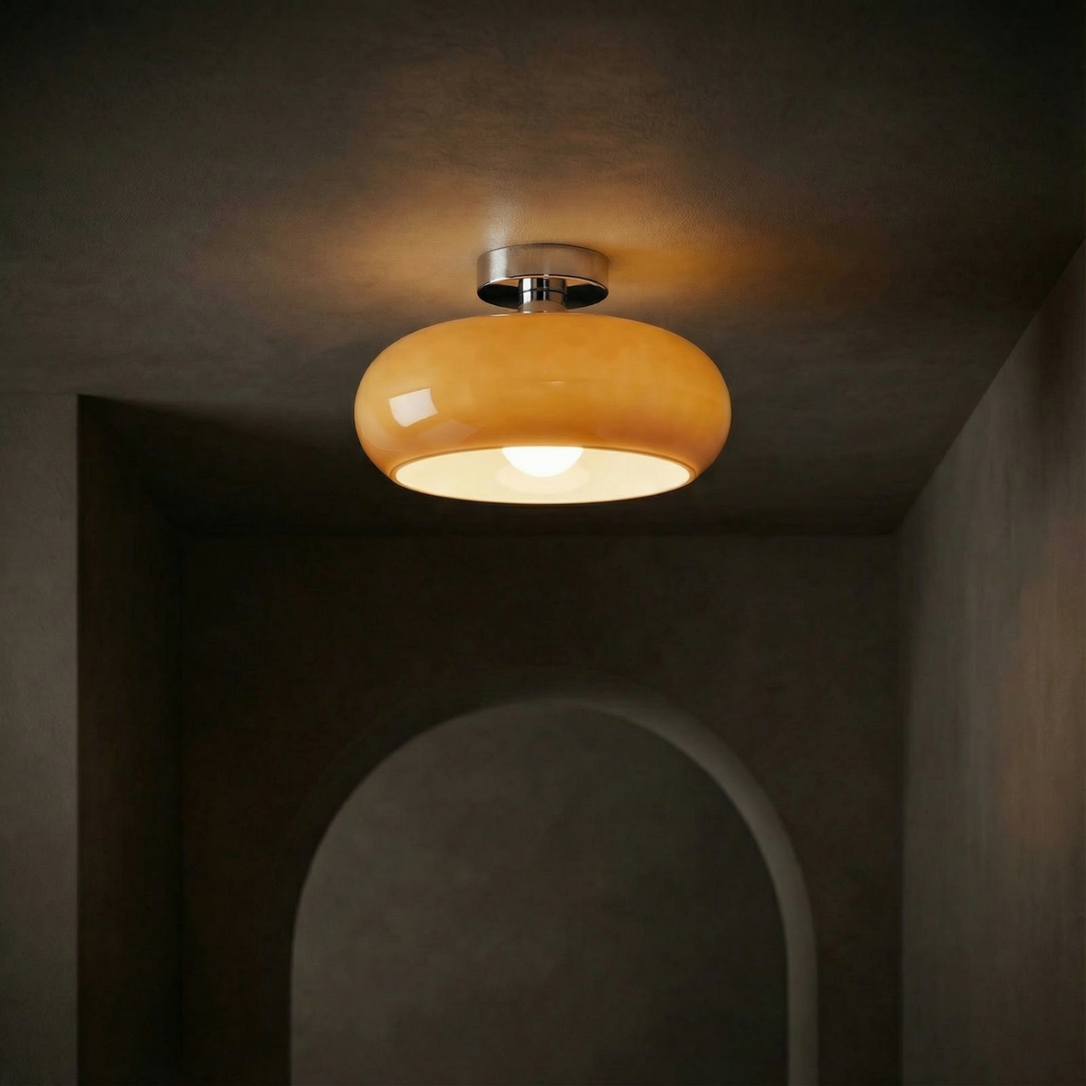 Vintage Amber Glass Flush Mount Ceiling Light with Brass Canopy | E27 Bulb Included for Living Room