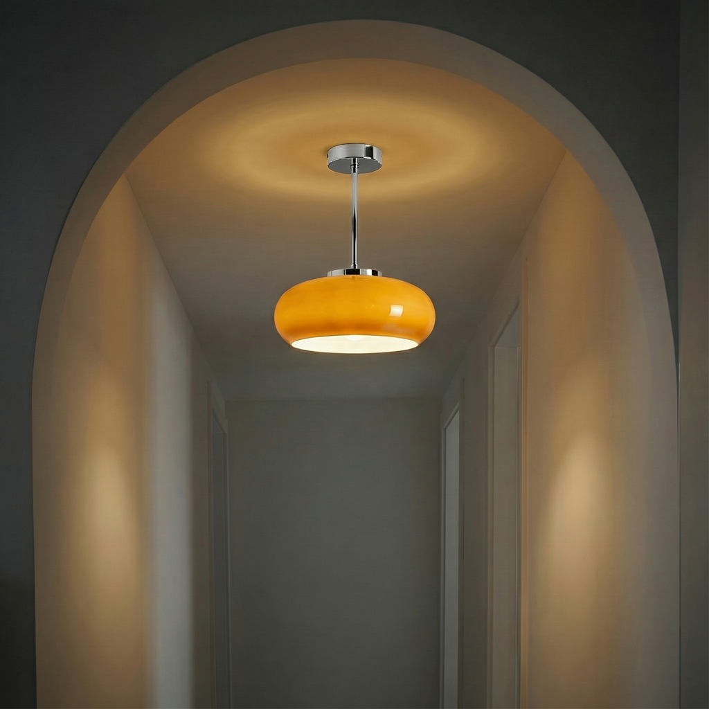 Vintage Amber Glass Flush Mount Ceiling Light with Brass Canopy | E27 Bulb Included for Living Room
