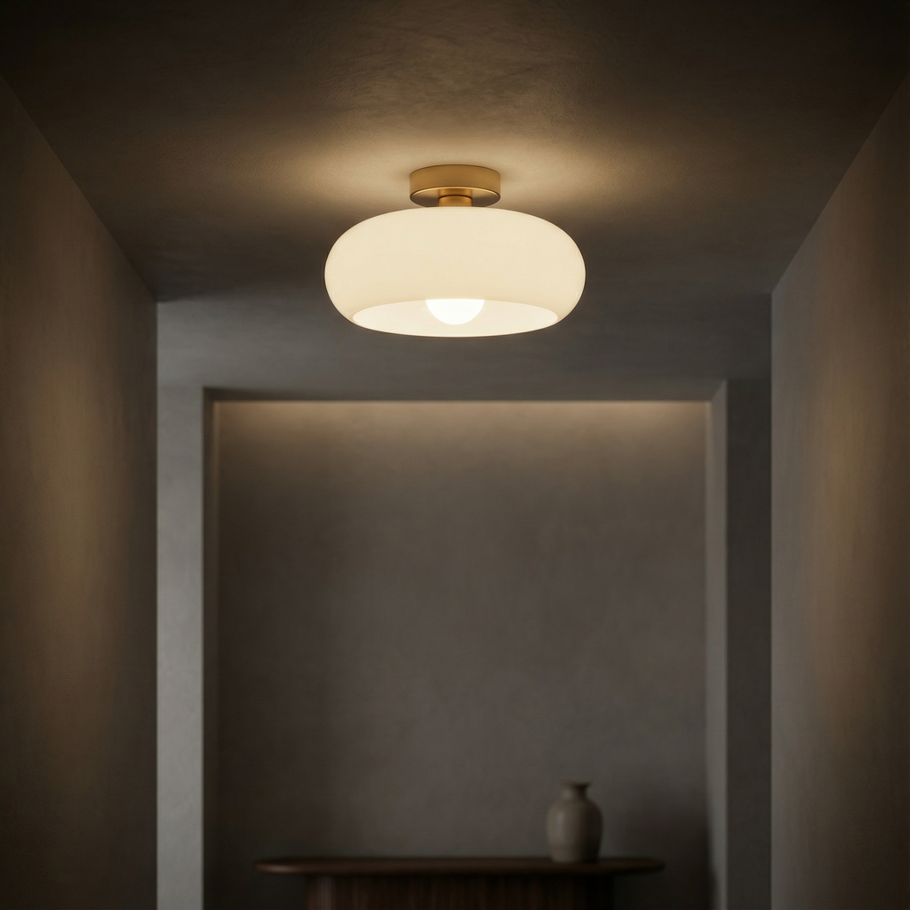 Vintage Amber Glass Flush Mount Ceiling Light with Brass Canopy | E27 Bulb Included for Living Room